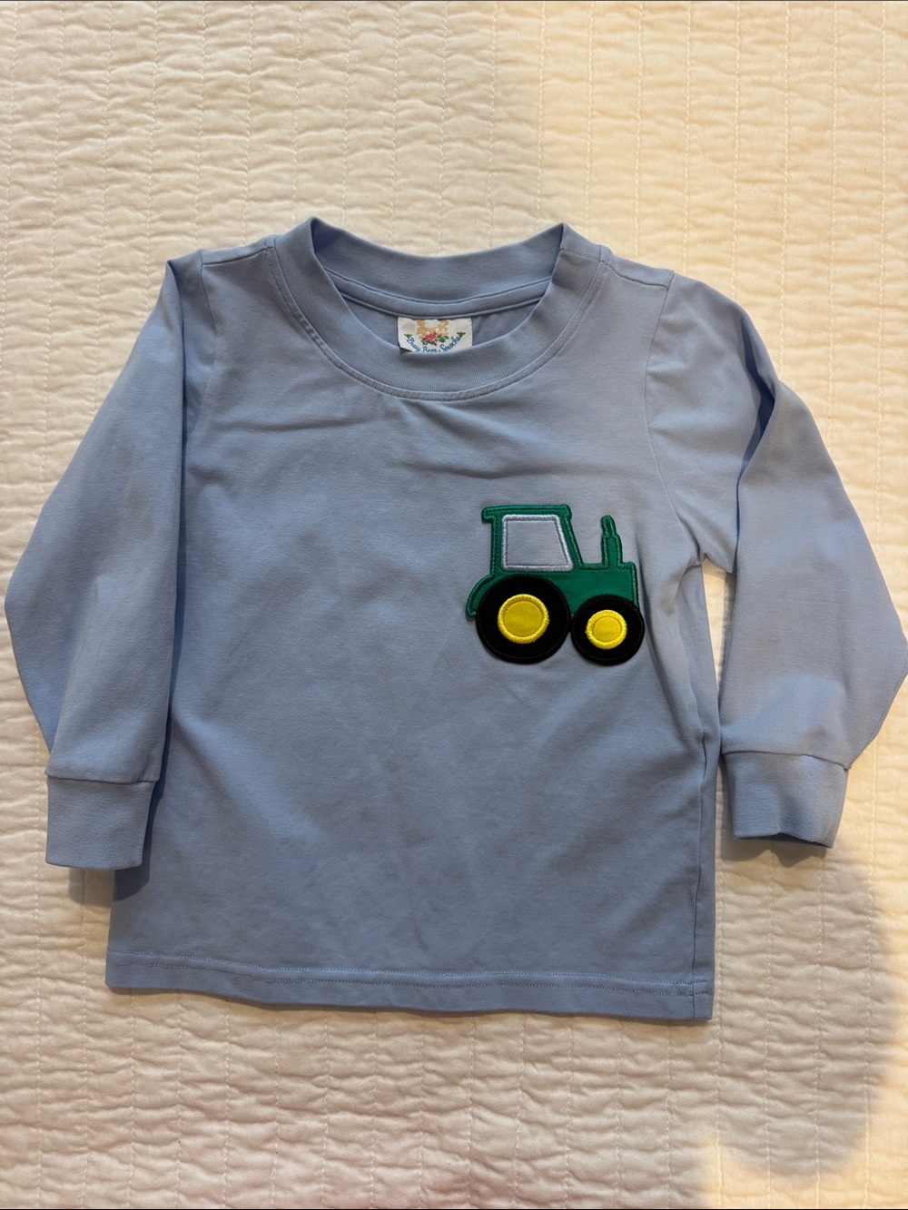 Light Blue Long-Sleeve Kids Tee with Green Tractor Applique